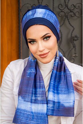 Lacivert Batik Desen Fularlı Bone