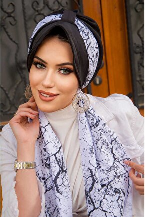 Siyah Beyaz Batik Desen Fularlı Şapka Bone
