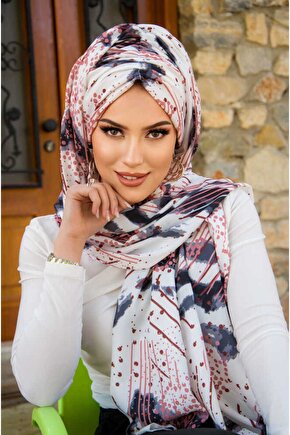 Beyaz Pudra Retro Desen Hazır Şal