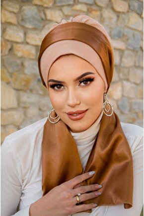 Bej Karamel Saten Fularlı Bone