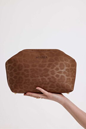 Heybes Kadın Taba Leopar Desenli Deri Clutch El Çantası