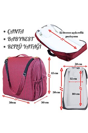 Çantalı Babynest, Bebek Çantası, Taşına Bilir Ebeveyn Yanı Reflü Yatağı Kazayağı Desenli