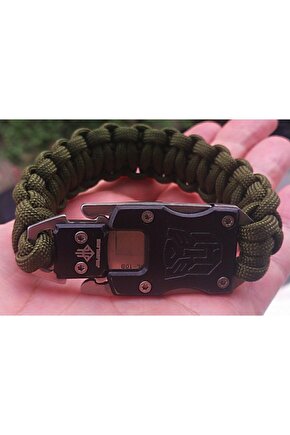 Avcı Kamuflaj Paracord Bilekliik Paslanmaz Çelik Bıçaklı Orjinal Çok Kalite Sağlam Haki Yeşil