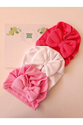 Kız Bebek & Çocuk Fiyonklu Bone Set Yumuşak-Pamuklu-Esnek 3Lü Set