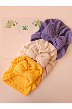Kız Bebek & Çocuk Fiyonklu Bone Set Yumuşak-Pamuklu-Esnek 3Lü Set