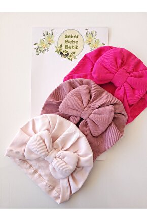 Kız Bebek & Çocuk Renkli Fiyonklu Bone 3Lü Set