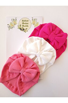 Kız Bebek & Çocuk Renkli Fiyonklu Bone 3Lü Set