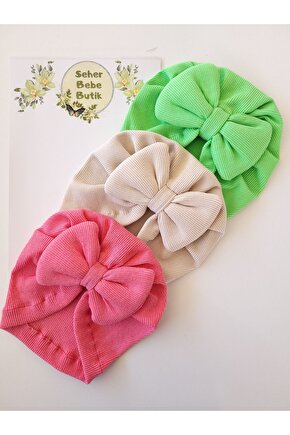 Kız Bebek & Çocuk Renkli Fiyonklu Bone 3Lü Set