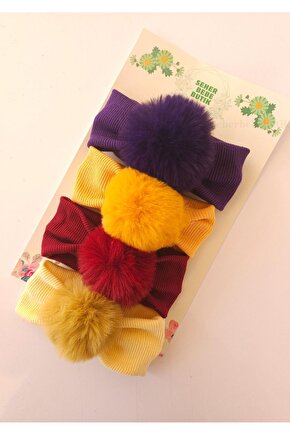 Kız Bebek & Çocuk PonPon Bandana Set - Peluş-Yumuşak-Esnek