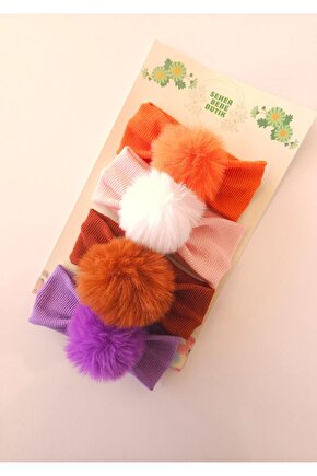 Kız Bebek & Çocuk PonPon Bandana Set - Peluş-Yumuşak-Esnek