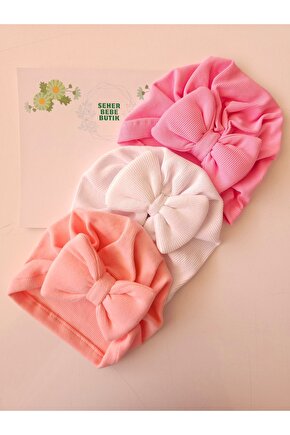 Kız Bebek & Çocuk Fiyonklu Bone Set Yumuşak-Pamuklu-Esnek 3Lü Set