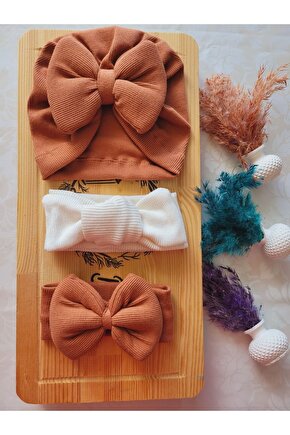 Kız Bebek & Çocuk Fiyonklu Bone & Bandana Set