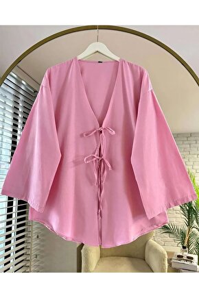 Önü Baglamalı Pembe Kimono Tunik