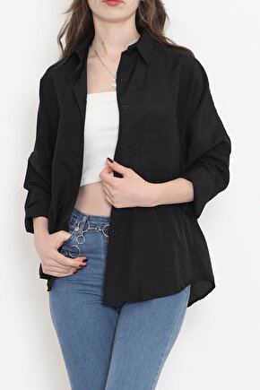 Yeni Sezon Kadın Oversize Tek Cepli Siyah Salaş Gömlek