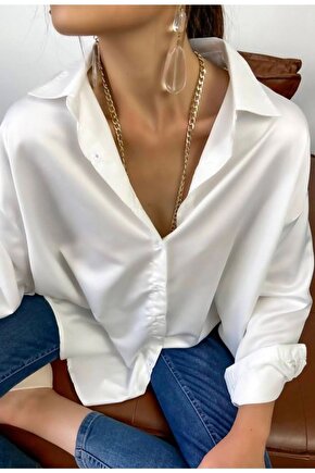 Kadın Beyaz Oversize Model Saten Gömlek