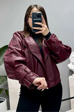 Suni Deri Balon Kol Bordo Biker Ceket