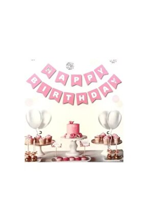 YALDIZLI BANNER HAPPY BİRTHDAY PEMBE GÜMÜŞ