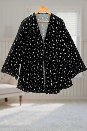 Siyah Çiçekli Önü Bağlamalı Kimono Tunik  Likralı Yazlık Kumaş