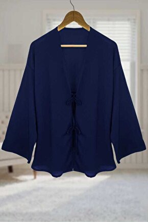 Lacivert Önü Bağlamalı Kimono Tunik Likralı Yazlık Kumaş