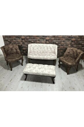 Kahverengi Ve Krem Çay Seti Berjer Koltuk Takımı 2+1+1 Koltuk Bench Bank