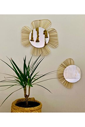 Doğal Rattan Bambu Çiçek detaylı Ayna 2’li Set Duvar Dekoru