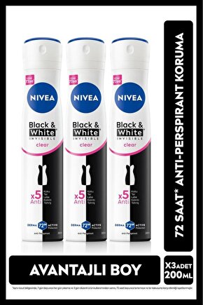 Kadın Sprey Deodorant Black&white Invisible Clear 48 Saat Anti-perspirant Koruma 200mlx3adet