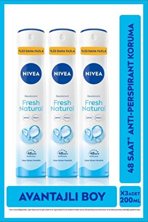 Kadın Sprey Deodorant Fresh Natural 200 Ml,ter Kokusuna Karşı 48 Saat Koruma, Avantajlı Boy,x3 Adet