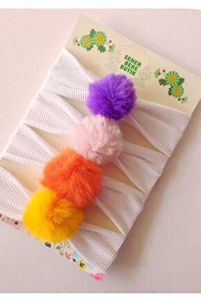 Kız Bebek & Çocuk PonPon Bandana Set - Peluş-Yumuşak-Esnek