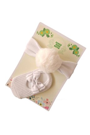 Kız Bebek & Çocuk PonPon Bandana ve Çorap Takım -peluş-pamuklu-