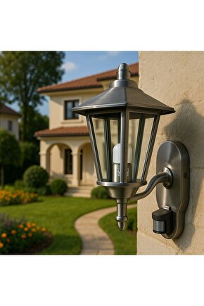Lamp232 Paslanmaz Krom Cam Hareket Sensörlü Duvar Bahçe Fener Aplik Dış Mekan 198x335x215mm