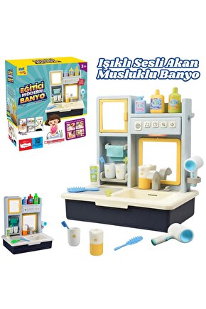 Su Akıtan Modern Banyo Seti - Çeşmeli Işıklı ve Sesli Lavabo - Banyo Seti - Su Akan Musluk - Mavi