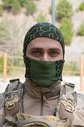 Koyu Yesil Haki Renkli Ruzgar Gecirmez Termal Balaklava Kar Maskesi