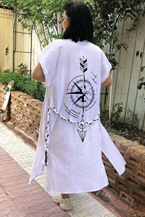 Beyaz Renk Keten Dokuma Pusula Desenli Kisa Kollu Kimono Plaj Elbisesi