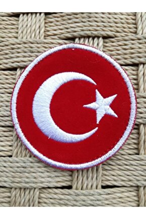 Kırmızı Beyaz Nakış İslemeli Ayyıldız Yuvarlak Peç Arma Patch