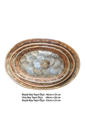 Rattan Dekoratif Oval Hasır El Yapımı Sedef Tepsi 3 lü Set