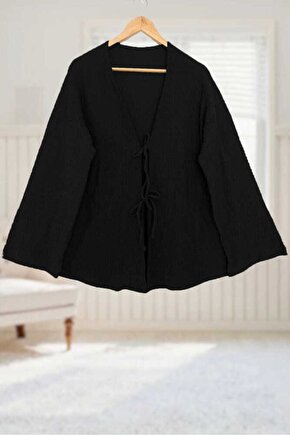 Siyah Önü Bağlamalı Kimono Tunik  Likralı Ütü İstemez Kumaş