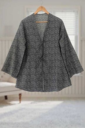 Antrasit Kırçıllı Önü Bağlamalı Kimono Tunik  Likralı Ütü İstemez Kumaş
