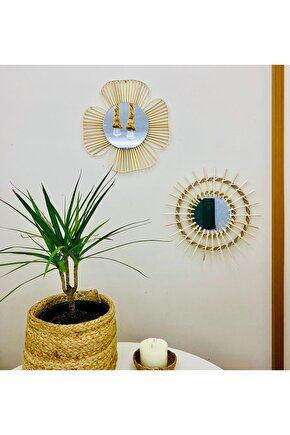 Doğal Rattan Bambu Çiçek detaylı Ayna 2’li Set