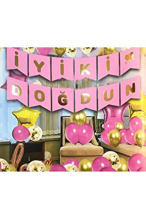 Parlak Yaldızlı Banner Iyiki Doğdun Pembe Gold Renk