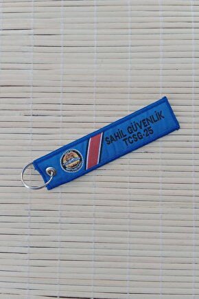 Sahil guvenlik tcsg 25 yazili mavi beyaz nakis islemeli bez anahtarlik