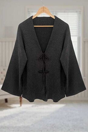 Antrasit Bürümcük Önü Bağlamalı Kimono Tunik  Likralı