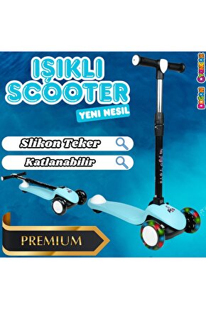 Lupa Katlanabilir Işıklı 3 Tekerlekli Turkuaz Scooter - Işıklı Scooter - Slikon Teker Scooter - Çocu