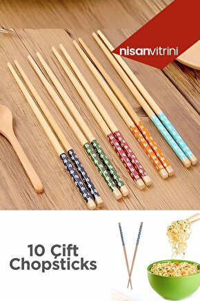 Bambu Chopstick 10 Çift Desenli Ve Yıkanabilir Çin Kore Çubukları - Sushi, Ramen Noodle Çubuğu