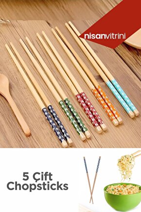 Bambu Chopstick 5 Çift Desenli Ve Yıkanabilir Çin Kore Çubukları - Sushi, Ramen Noodle Çubuğu