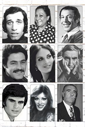YEŞİLÇAM TÜRK SİNEMASI OYUNCULARI SİYAH BEYAZ 9 PARÇA KARIŞIK AHŞAP TABLO POSTER SETİ