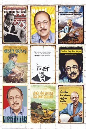 9 Parça Karışık Ahşap Tablo Seti neşet ertaş halk türküleri şarkıları retro ahşap poster seti