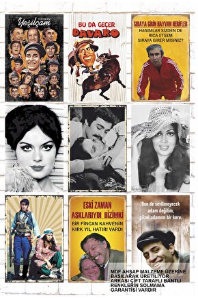 9 Parça Karışık Yazılı Ahşap Tablo Seti türk sineması yeşilçam renkli ve siyah beyaz posterleri