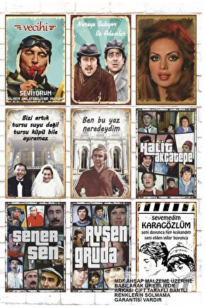 9 Parça Karışık Yazılı Ahşap Tablo Seti türk sineması yeşilçamın unutulmaz oyuncuları filmleri