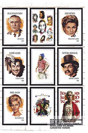 9 Parça Karışık Yazılı Ahşap Tablo Seti türk sineması yeşilçamın sevilen oyuncuları serisi poster