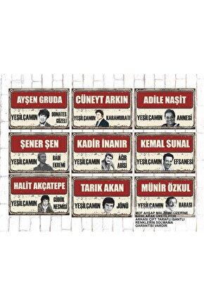 9 Parça Karışık Yazılı Ahşap Tablo Seti yeşilçam türk sineması oyuncuları portreleri